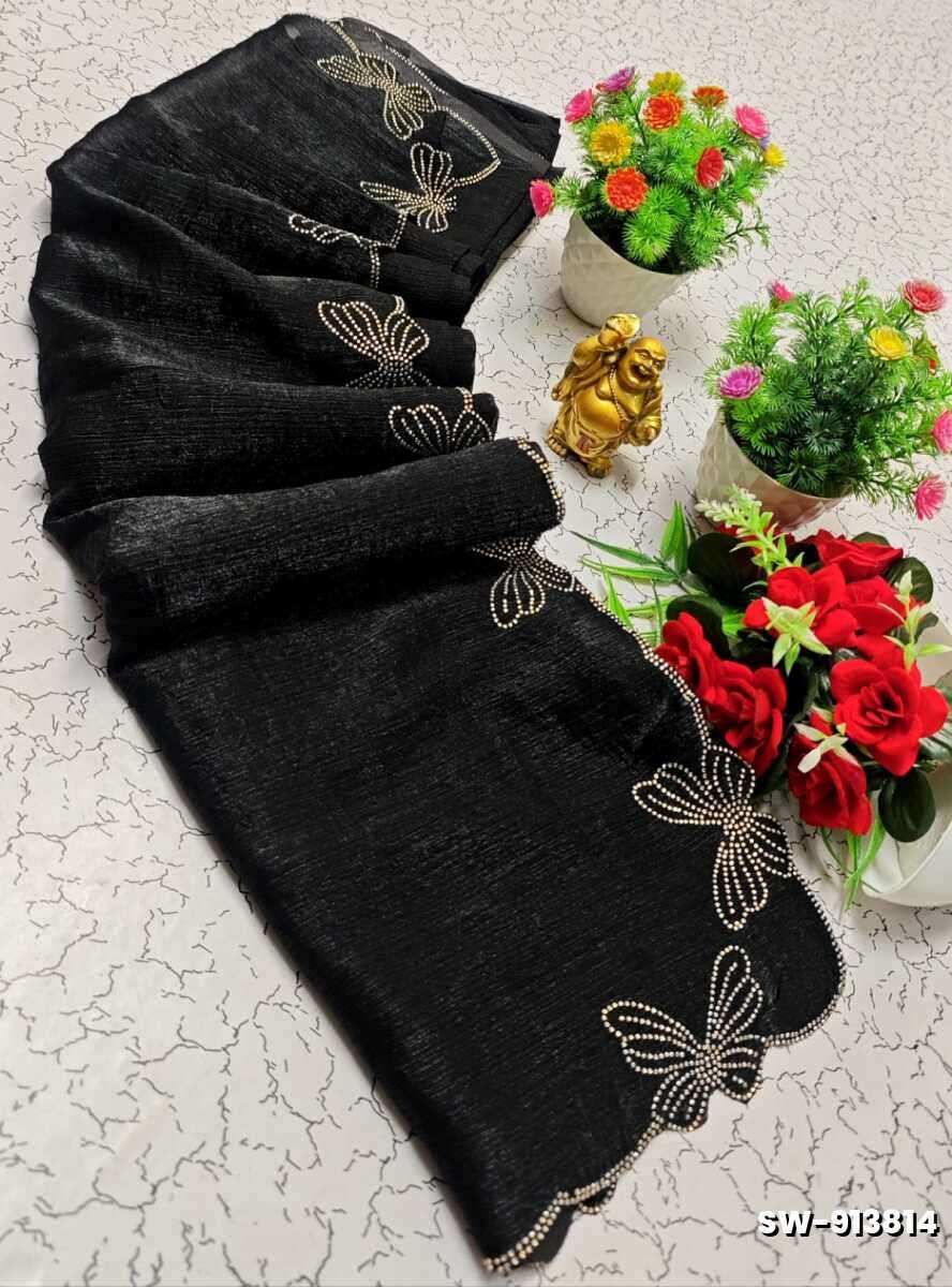Butterfly Celestial  grace stone work space silk Royal design  modern fancy item saree - BLACK