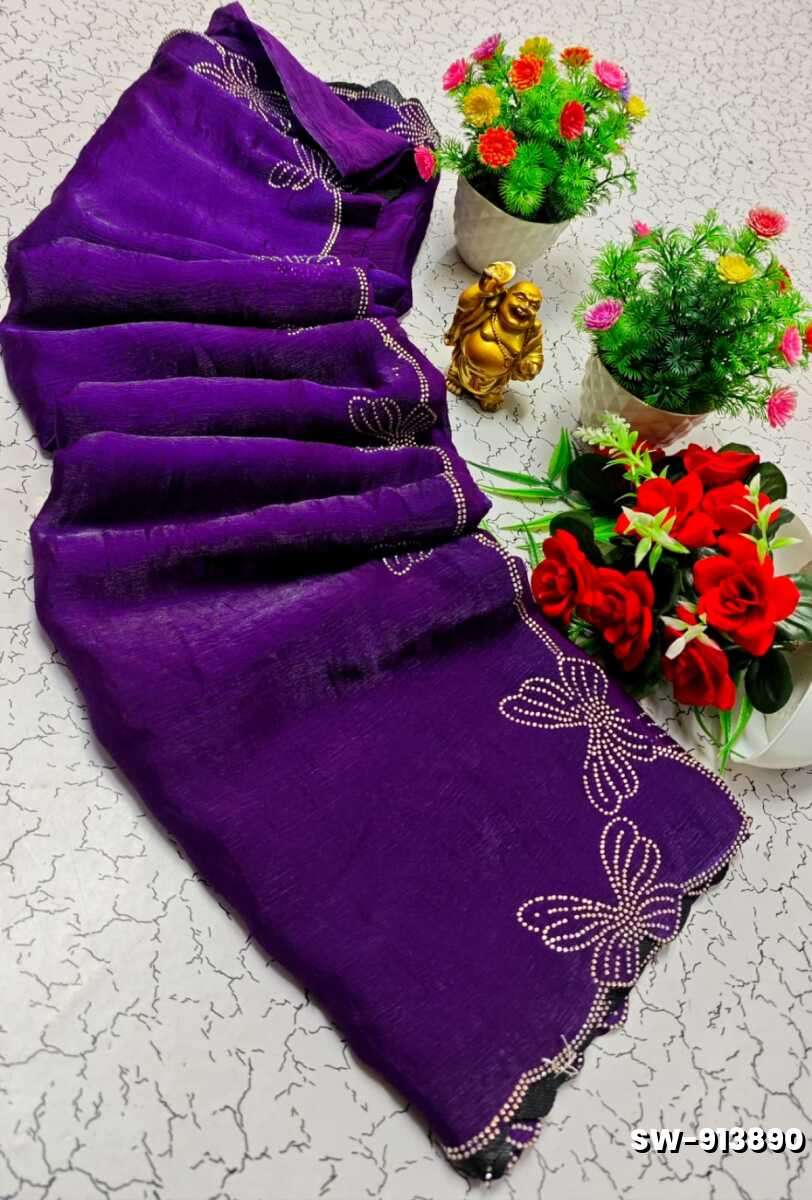 Butterfly Celestial  grace stone work space silk Royal design  modern fancy item saree - BRINJAL COLOUR