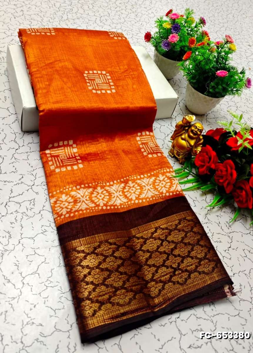 Fancy Print  Office Wear Cotton Sarees All Over Body Poo Design Premium Look lightweight Comfortable Wear - TANGERINE COLOUR