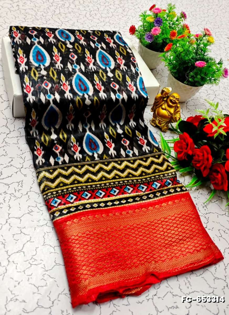 Fancy Print  Office Wear Cotton Sarees All Over Body Poo Design Premium Look lightweight Comfortable Wear - BLACK