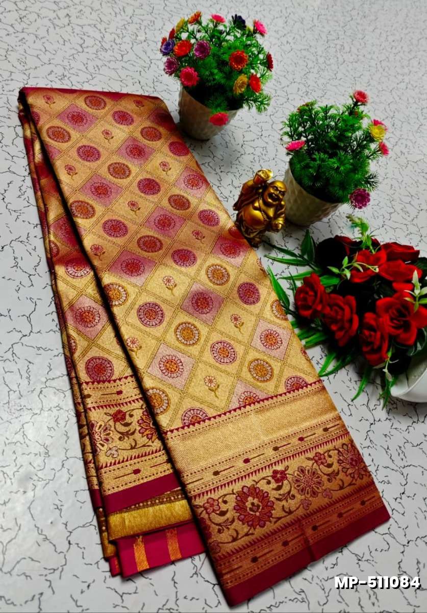 Bridal silk gold silvar and copper zari weave and wedding art silk suba muhurtha pattu sarees - WINE COLOUR (3)