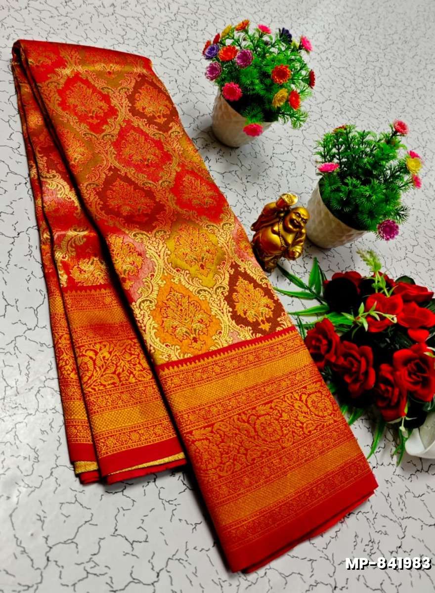 Bridal silk gold silvar and copper zari weave and wedding art silk suba muhurtha pattu sarees - TOMATO COLOUR