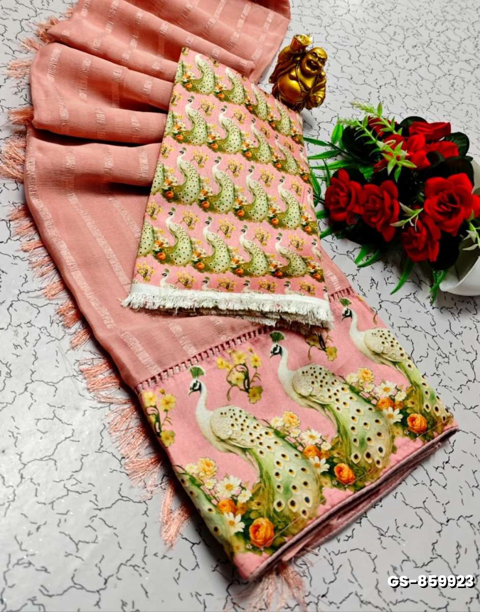 GEORGETTE FANCY SOFT SILK SAREES WITH BLOUSE  PEACOCK DESIGN MODERN FANCY ITEM SAREES - LIGHT SANDLE (1)