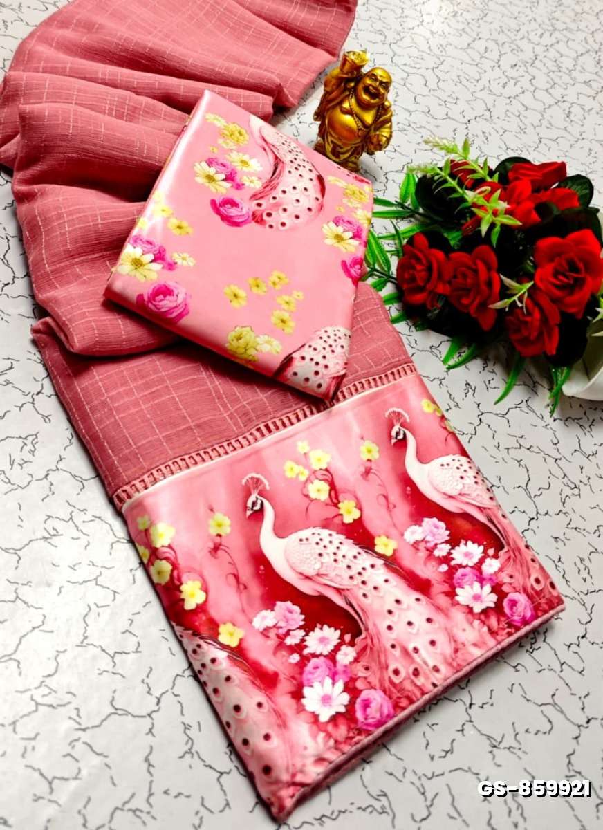 GEORGETTE FANCY SOFT SILK SAREES WITH BLOUSE  PEACOCK DESIGN MODERN FANCY ITEM SAREES - BABY PINK (1)