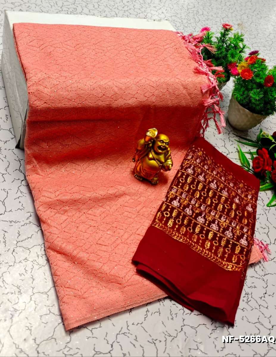 Soft Net Saree with Shimmering Weave and Designer Work Blouse - LITE PEACH