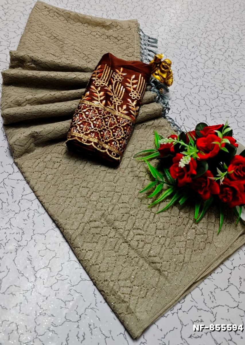 Soft Net Saree with Shimmering Weave and Designer Work Blouse - CHOCOLATE COLOR (2)