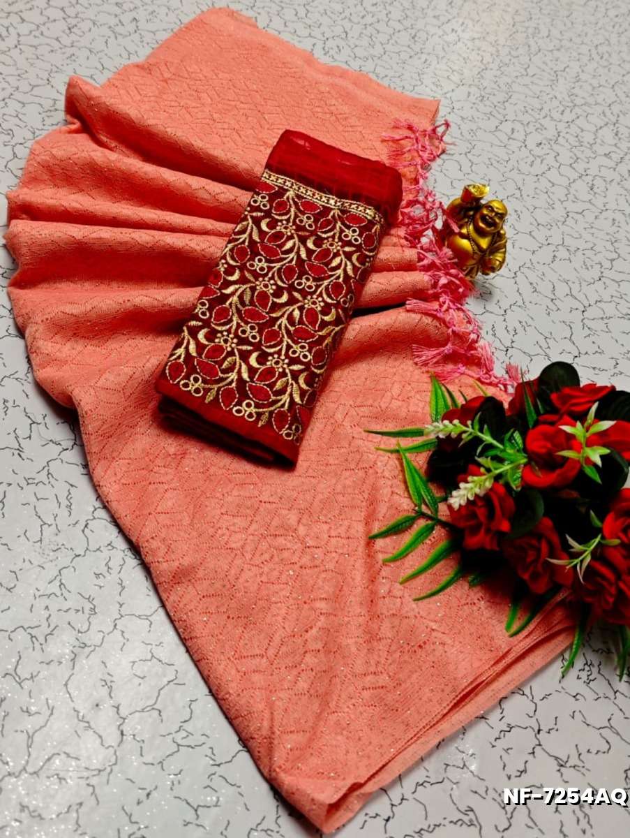 Soft Net Saree with Shimmering Weave and Designer Work Blouse - LITE PEACH (4)