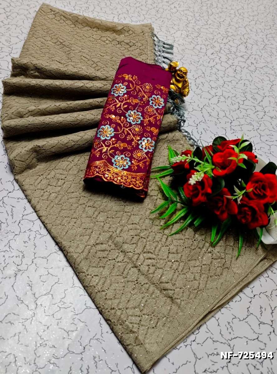 Soft Net Saree with Shimmering Weave and Designer Work Blouse - CHOCOLATE COLOR (3)