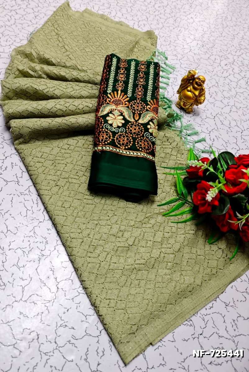 Soft Net Saree with Shimmering Weave and Designer Work Blouse - LIGHT GREEN (4)
