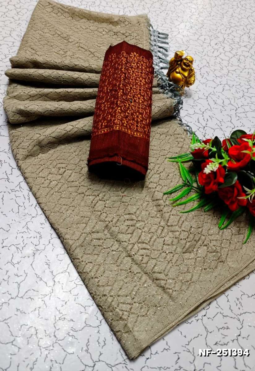 Soft Net Saree with Shimmering Weave and Designer Work Blouse - CHOCOLATE COLOR (4)