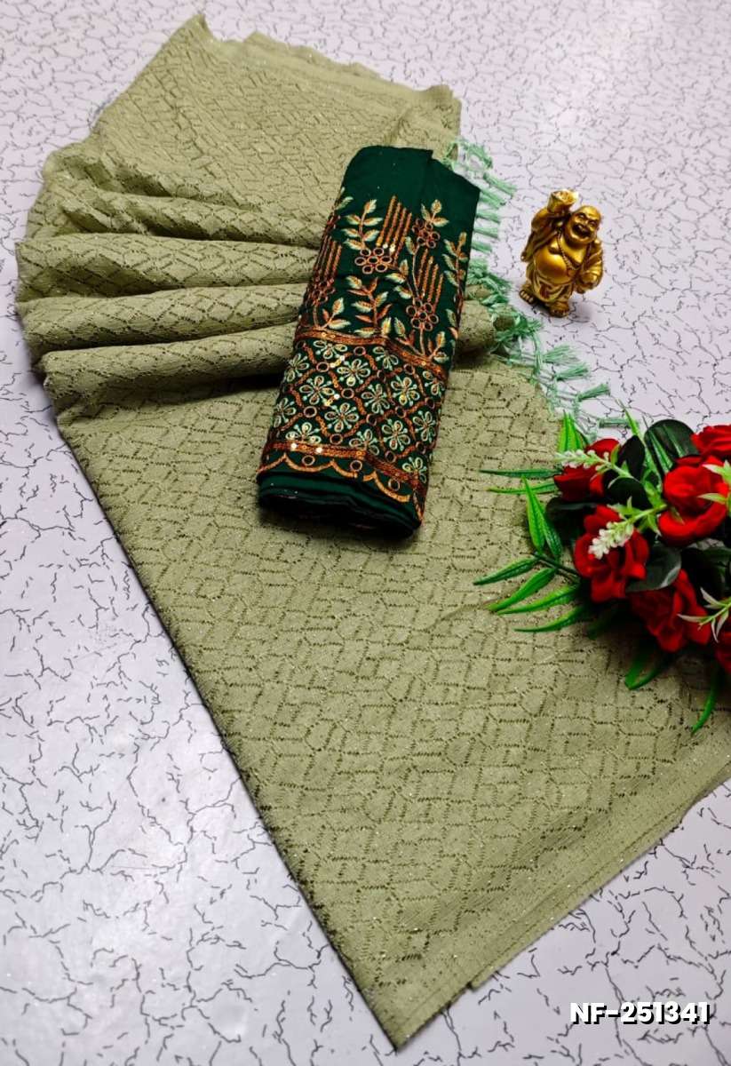 Soft Net Saree with Shimmering Weave and Designer Work Blouse - LIGHT GREEN (5)
