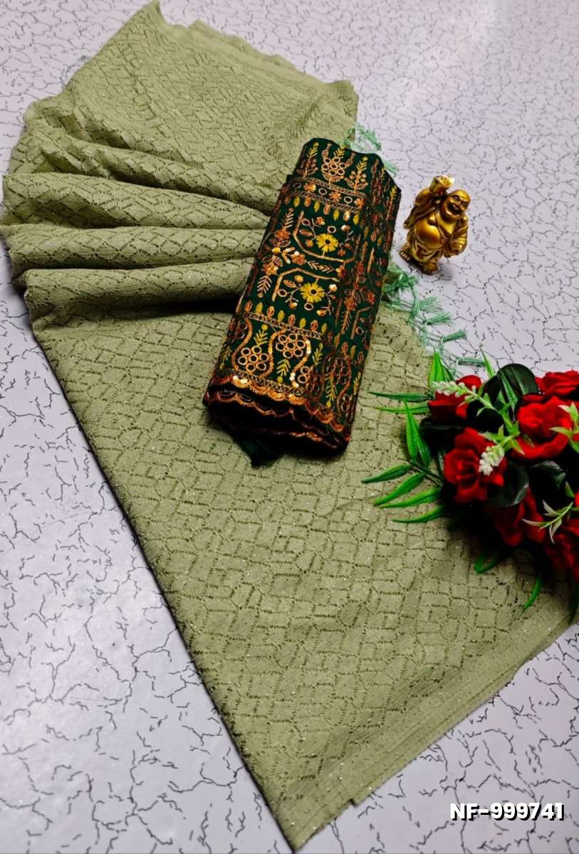 Soft Net Saree with Shimmering Weave and Designer Work Blouse - LIGHT GREEN (6)