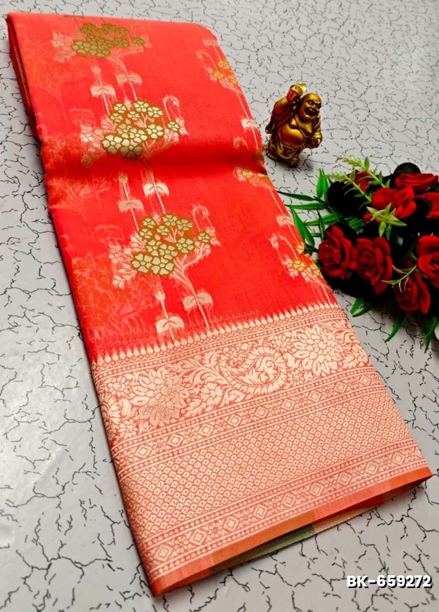 Banaras with our banarasi cotton fabric a beautiful fusion of classic artistry and breathable comfort wear saree - CORAL COLOUR