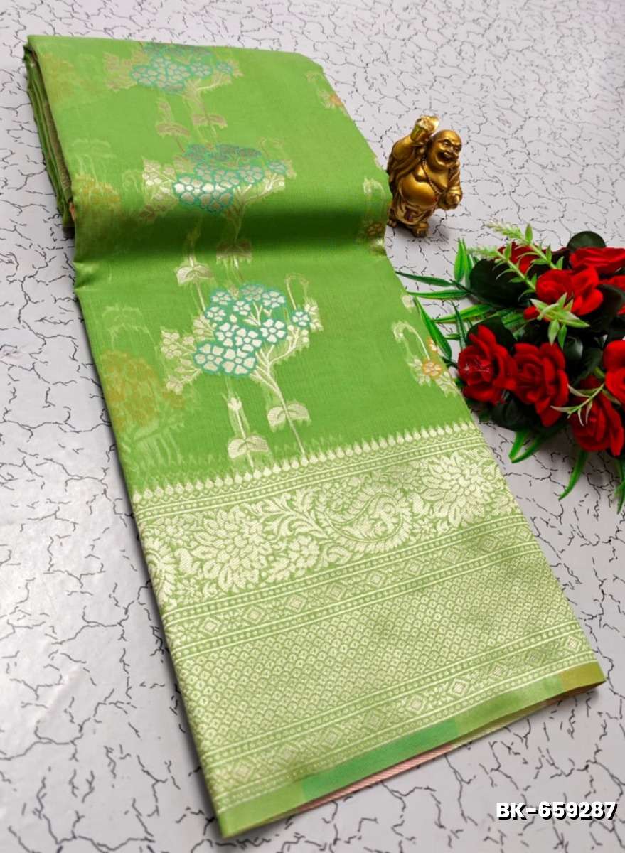 Banaras with our banarasi cotton fabric a beautiful fusion of classic artistry and breathable comfort wear saree - FLORAISON GREEN