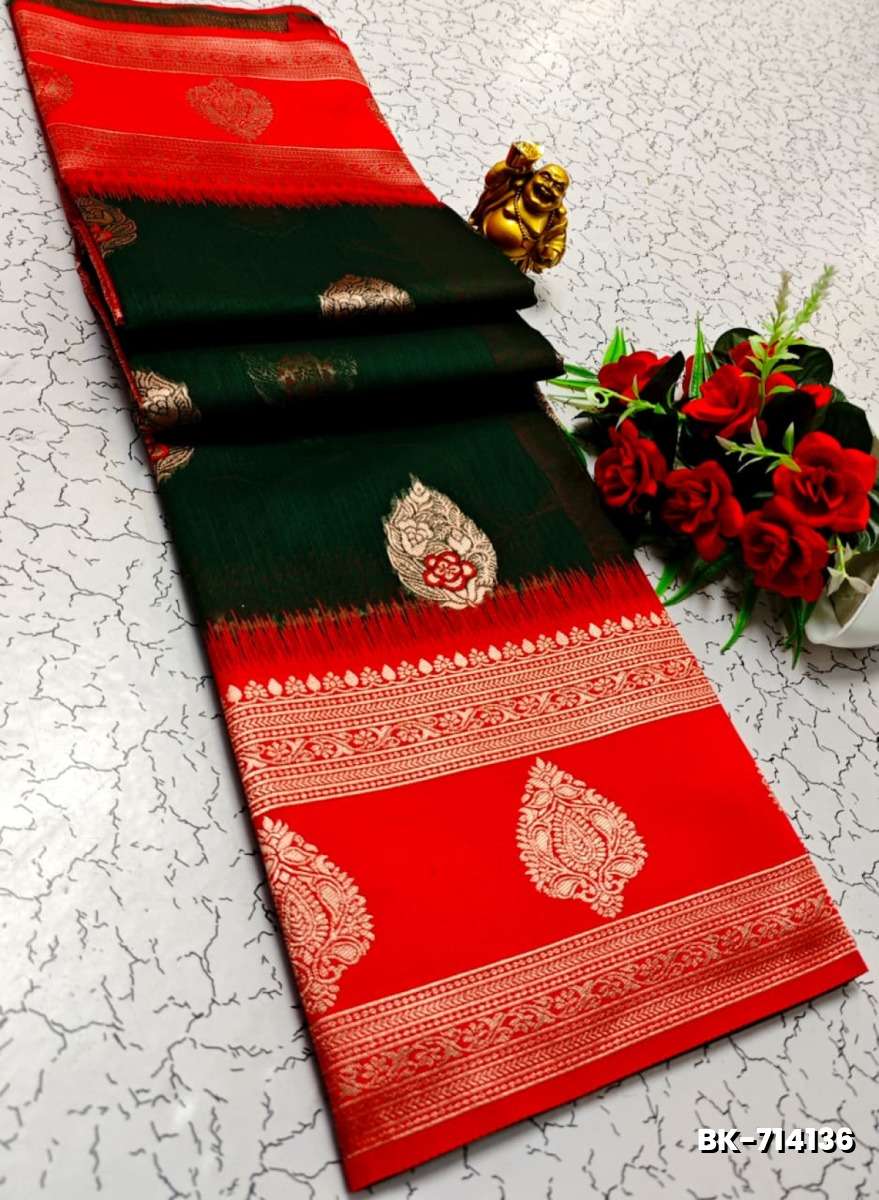 Banarasi with our banarasi cotton fabric — a beautiful fusion of classic artistry and breathable comfort wear saree - BOTTLE GREEN (1)