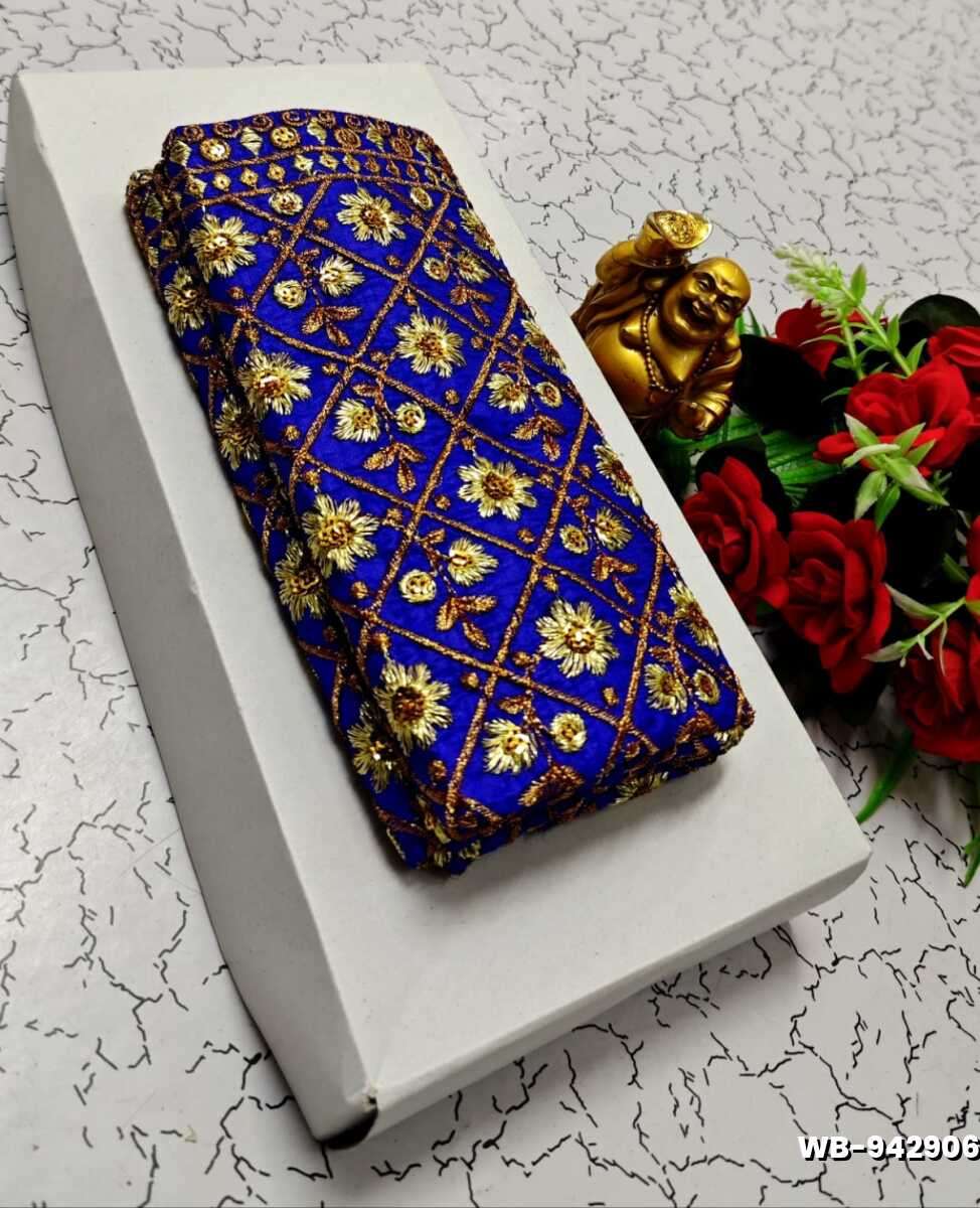 Luxurious heavy work blouse fabric with floral goldwork jaal border - ROYAL BLUE (4)