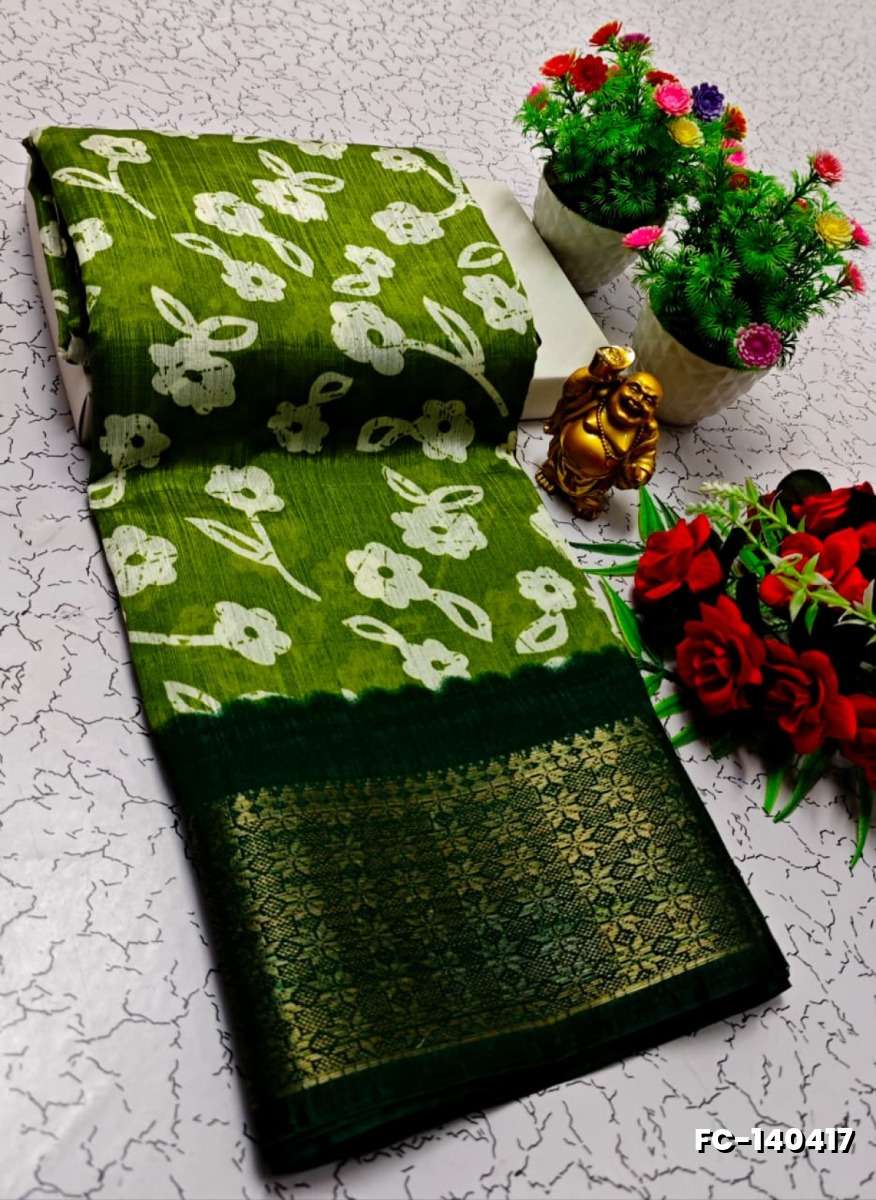Fancy print office wear cotton sarees all over body flower design pattern design premium look lightweight comfortable wear - OLIVE GREEN (2)