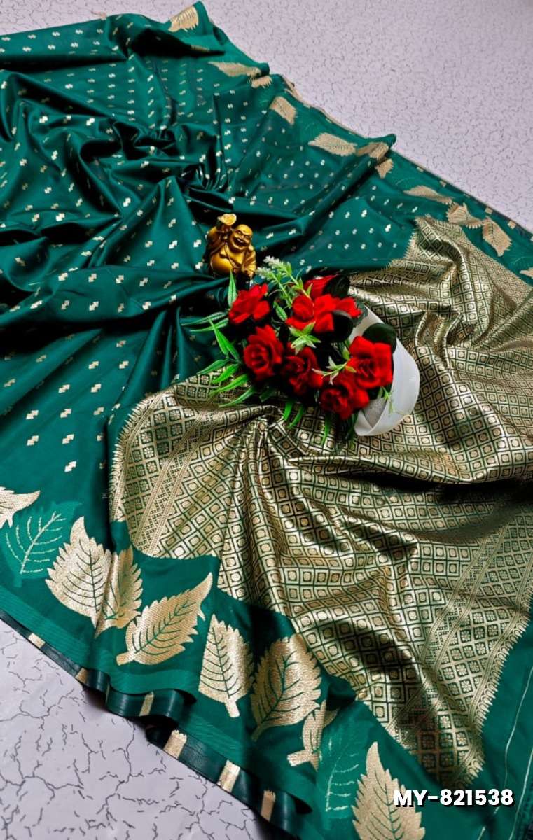 Premium Quality Mulberry Soft Silk Saree with All-Over Zari Buttas - DARK GREEN