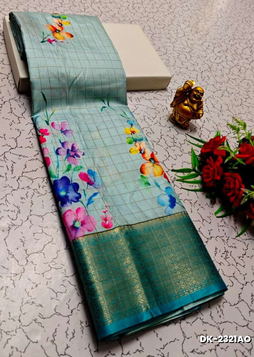 Elegant Floral Dola Silk Saree with Zari Border - ICE BLUE (1)