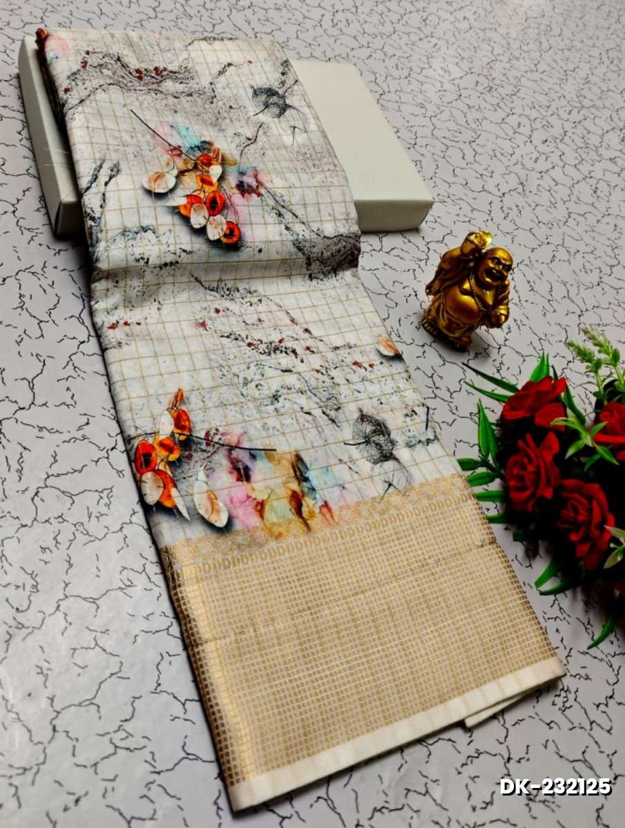 Elegant Floral Dola Silk Saree with Zari Border - WHITE