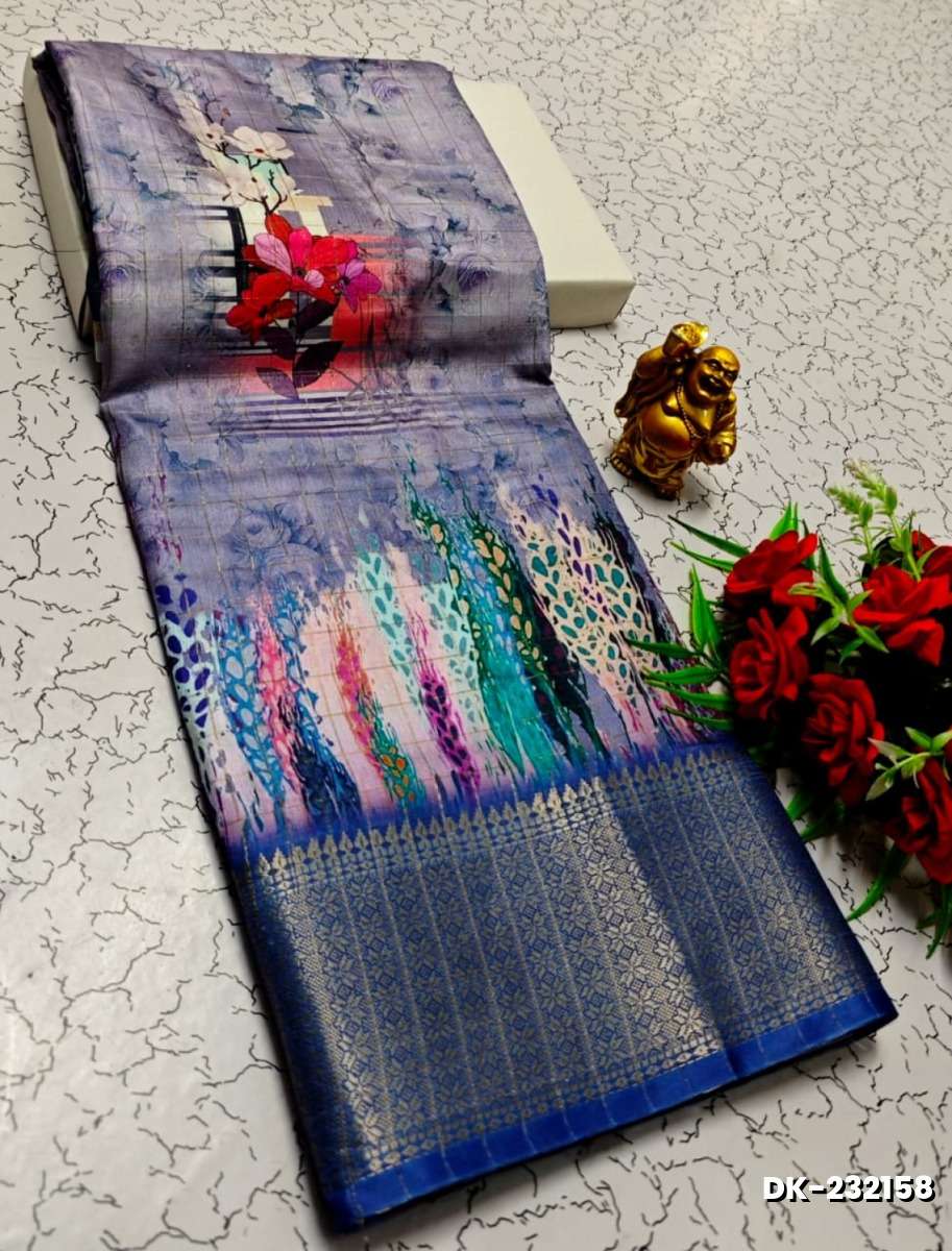 Elegant Floral Dola Silk Saree with Zari Border - PURPLE