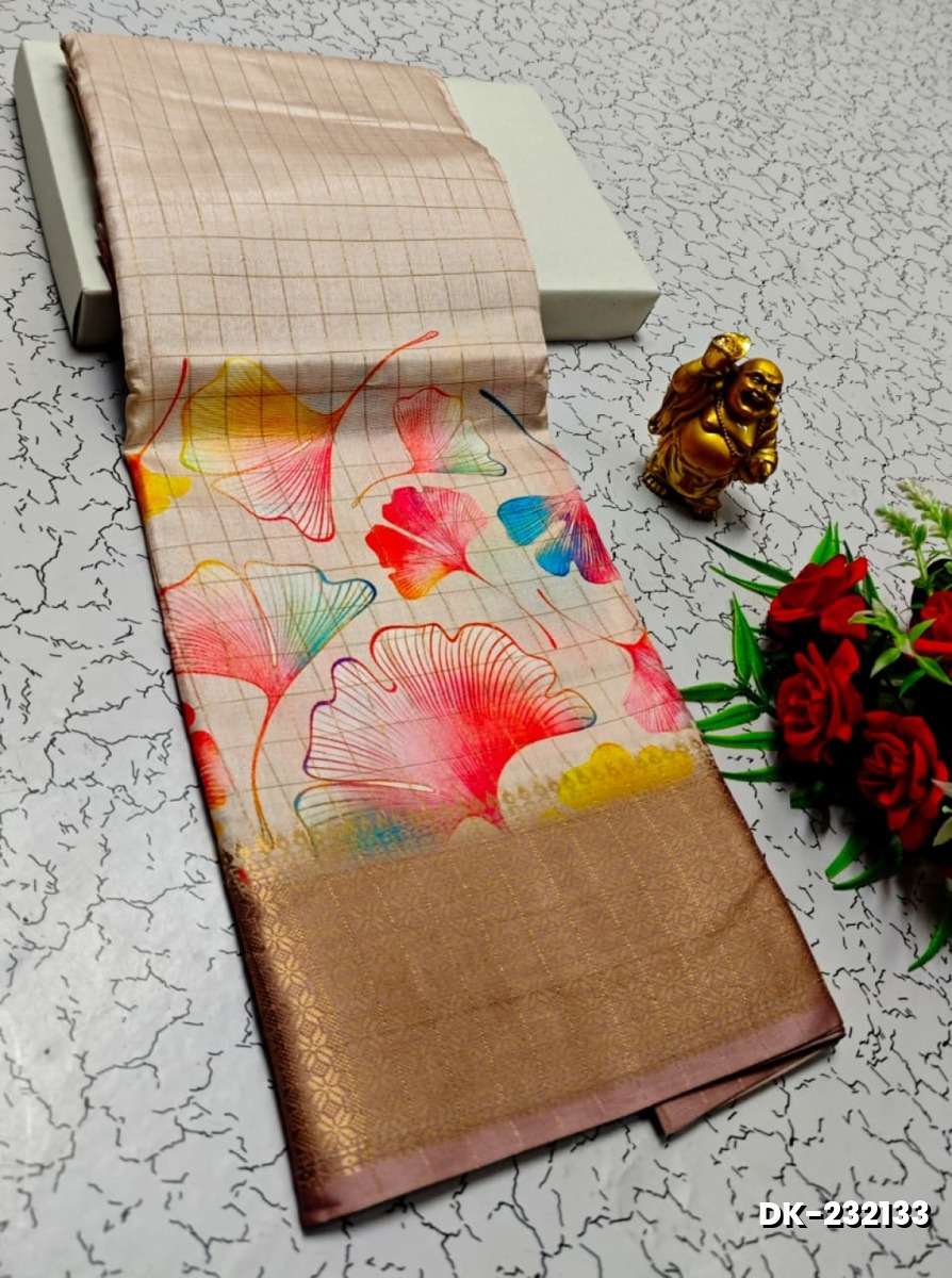 Elegant Floral Dola Silk Saree with Zari Border - CREAM (4)