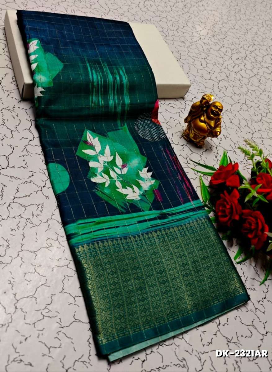 Elegant Floral Dola Silk Saree with Zari Border - PEACOCK GREEN
