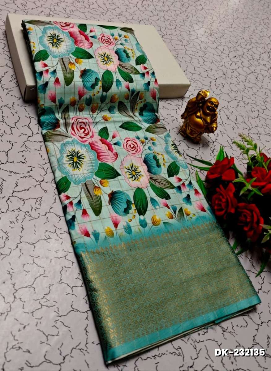 Elegant Floral Dola Silk Saree with Zari Border - DARK SKY BLUE (1)