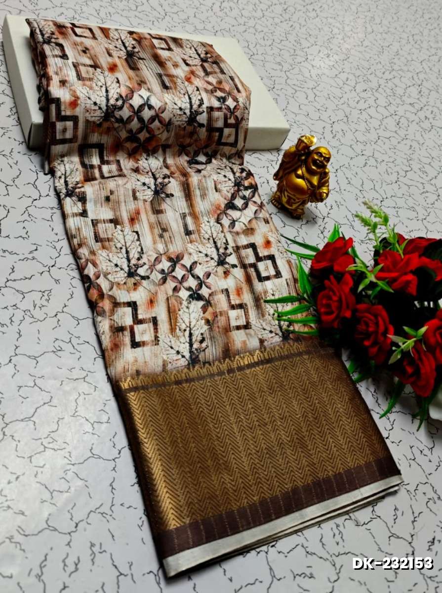 Elegant Floral Dola Silk Saree with Zari Border - BROWN (2)