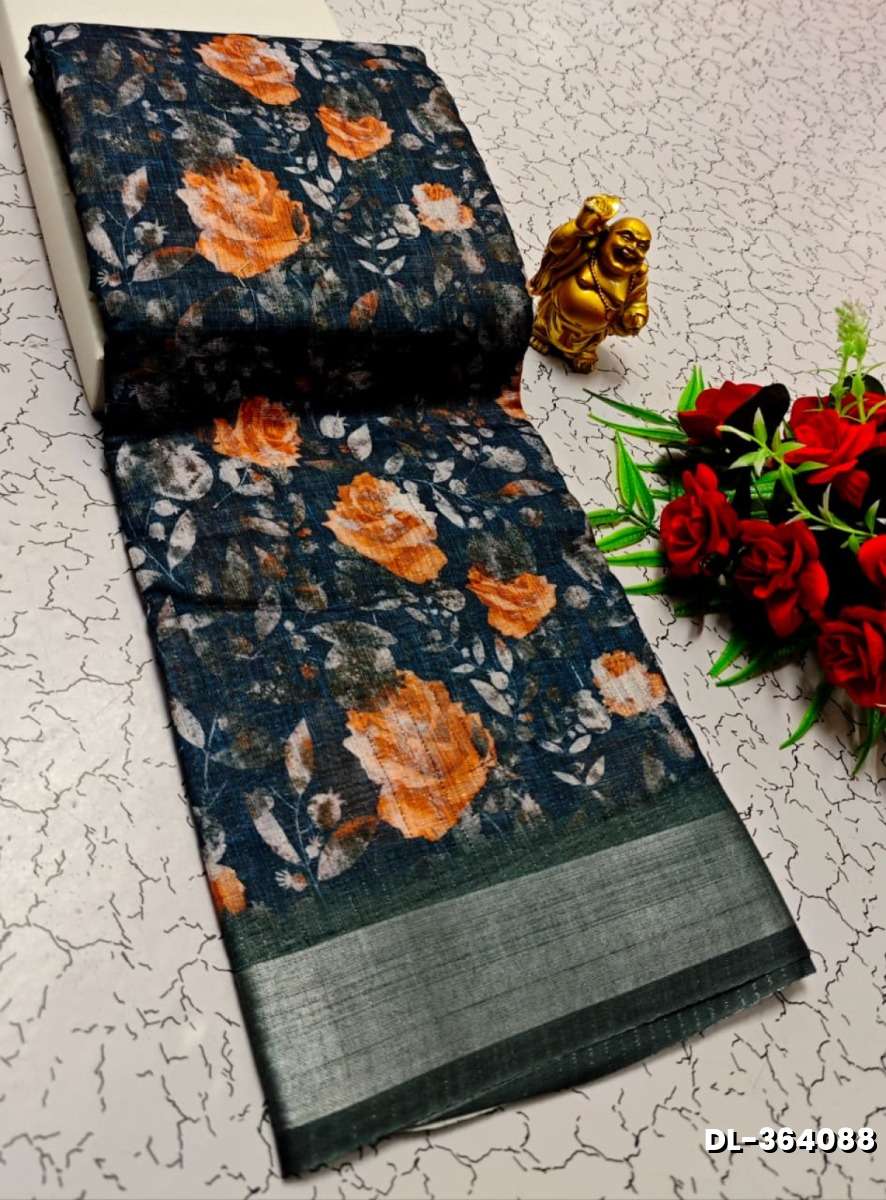 Digital printing linen cotton  trending sarees - PEACKOK BLUE