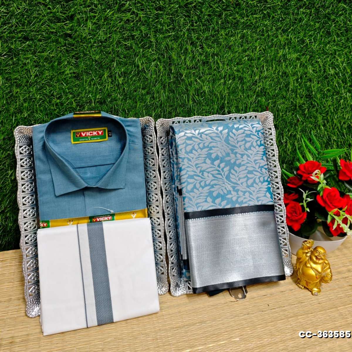 COUPLE COMBO MATCHING AND MATCHING TRADITIONAL SET MATCHING COMBO FOR FESTIVAL SEASONS - BLUE SHADE (3)