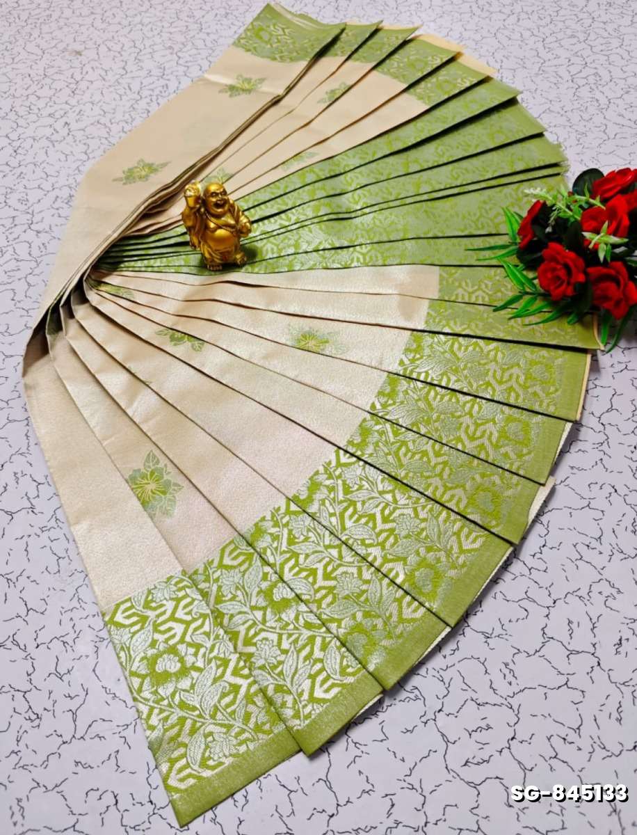 Premium kubera pattu saree rapier fancy light weight silk type sarees flower design function wear - CREAM