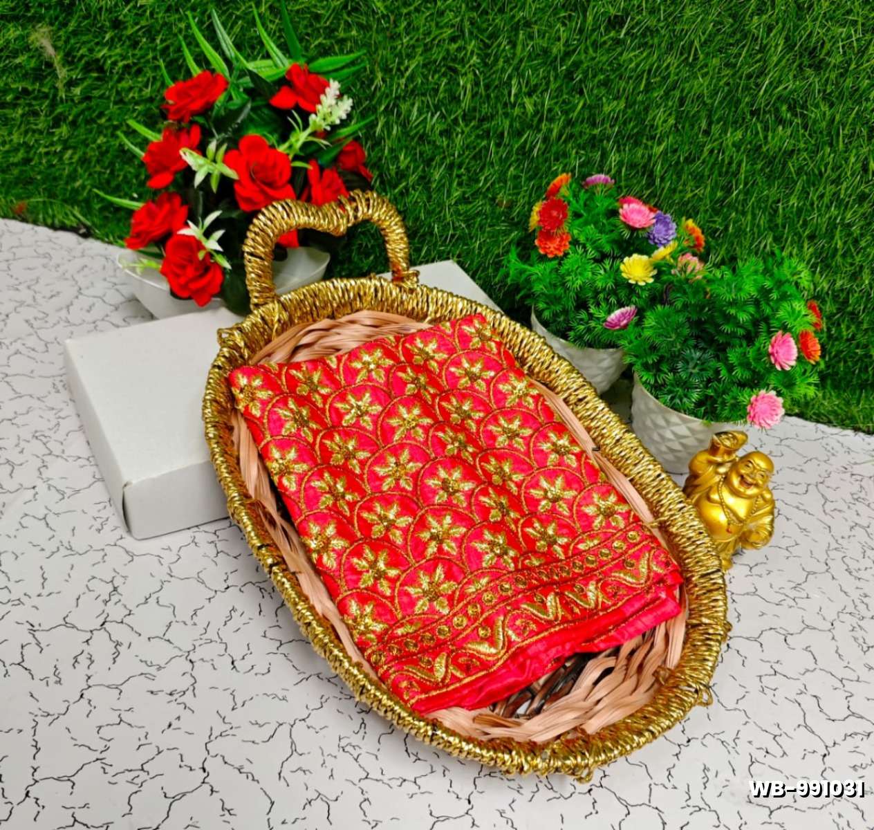 Luxurious heavy work blouse fabric with floral goldwork jaal border - DARK PINK (14)