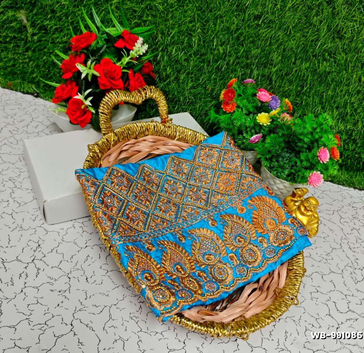 Luxurious heavy work blouse fabric with floral goldwork jaal border - BLUE SHADE (5)