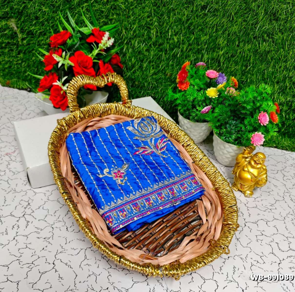 Luxurious heavy work blouse fabric with floral goldwork jaal border - BLUE COLOUR (3)