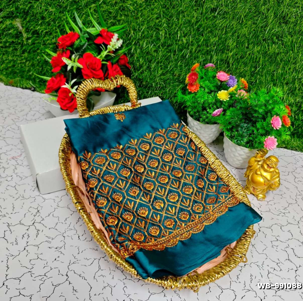 Luxurious heavy work blouse fabric with floral goldwork jaal border - PEACKOK BLUE (4)