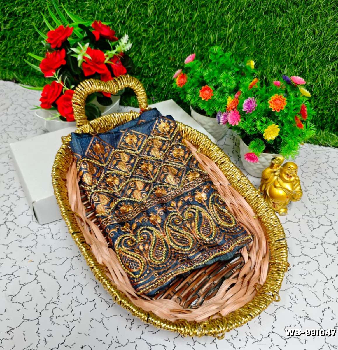 Luxurious heavy work blouse fabric with floral goldwork jaal border - GRAY (2)