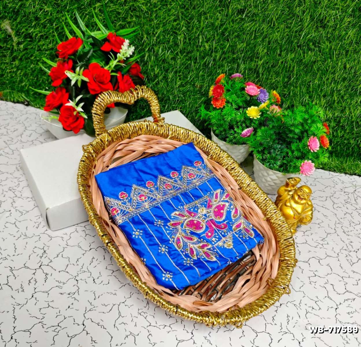 Luxurious heavy work blouse fabric with floral goldwork jaal border - BLUE COLOUR (4)