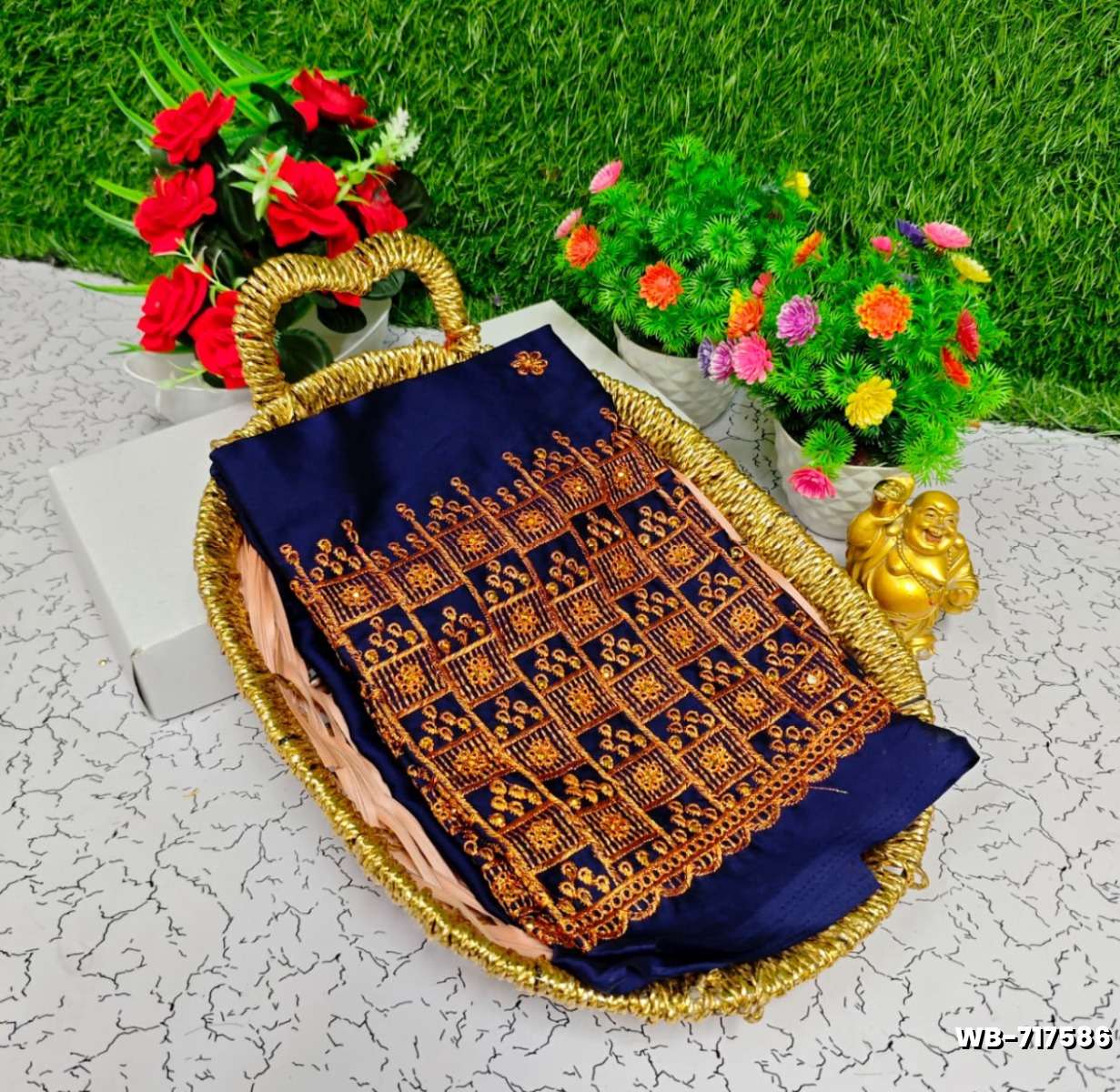 Luxurious heavy work blouse fabric with floral goldwork jaal border - R BLUE (4)