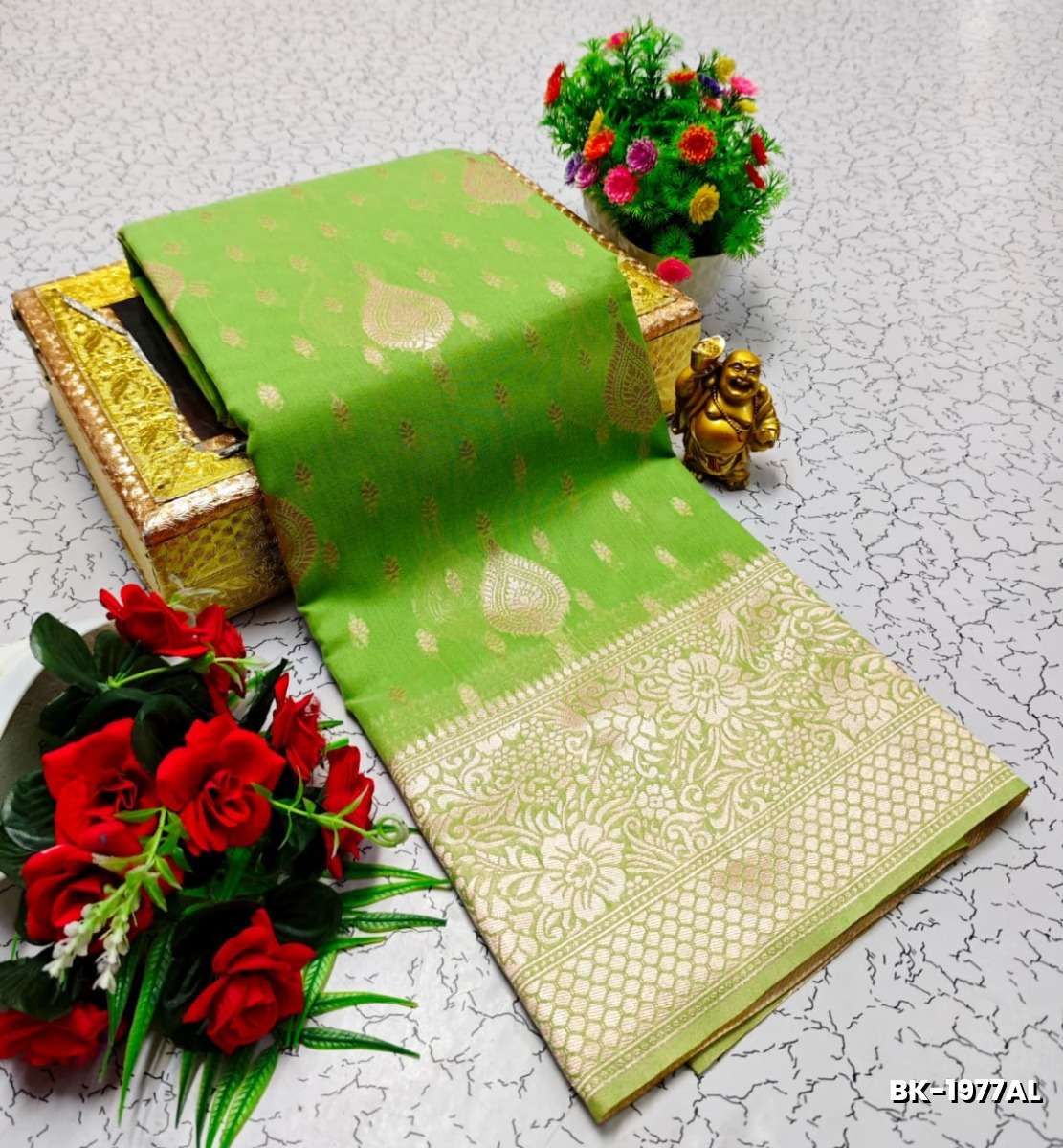 Banaras with our banarasi cotton fabric a beautiful fusion of classic artistry and breathable comfort wear saree - LITE GREEN