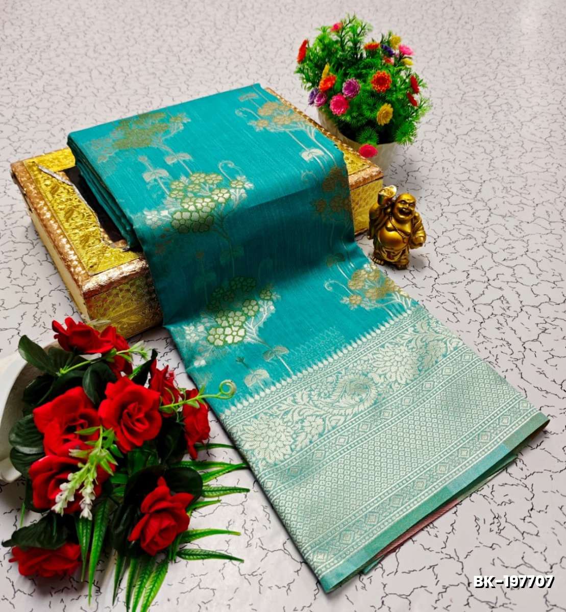 Banaras with our banarasi cotton fabric a beautiful fusion of classic artistry and breathable comfort wear saree - TEAL COLOUR
