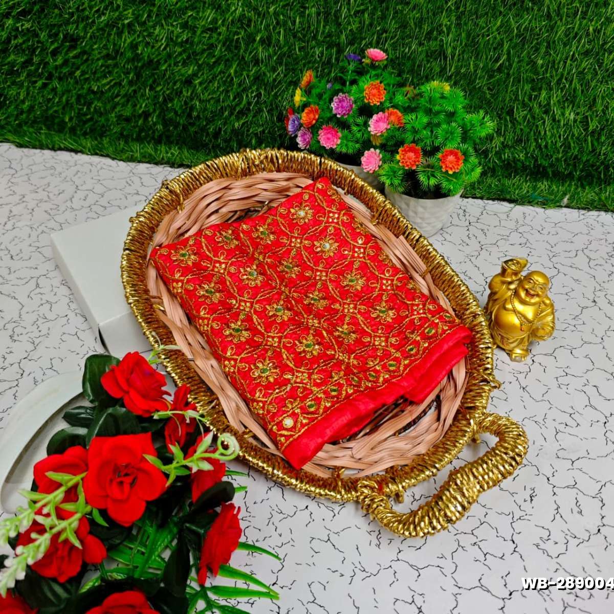 Luxurious heavy work blouse fabric with floral goldwork jaal border - RED (13)