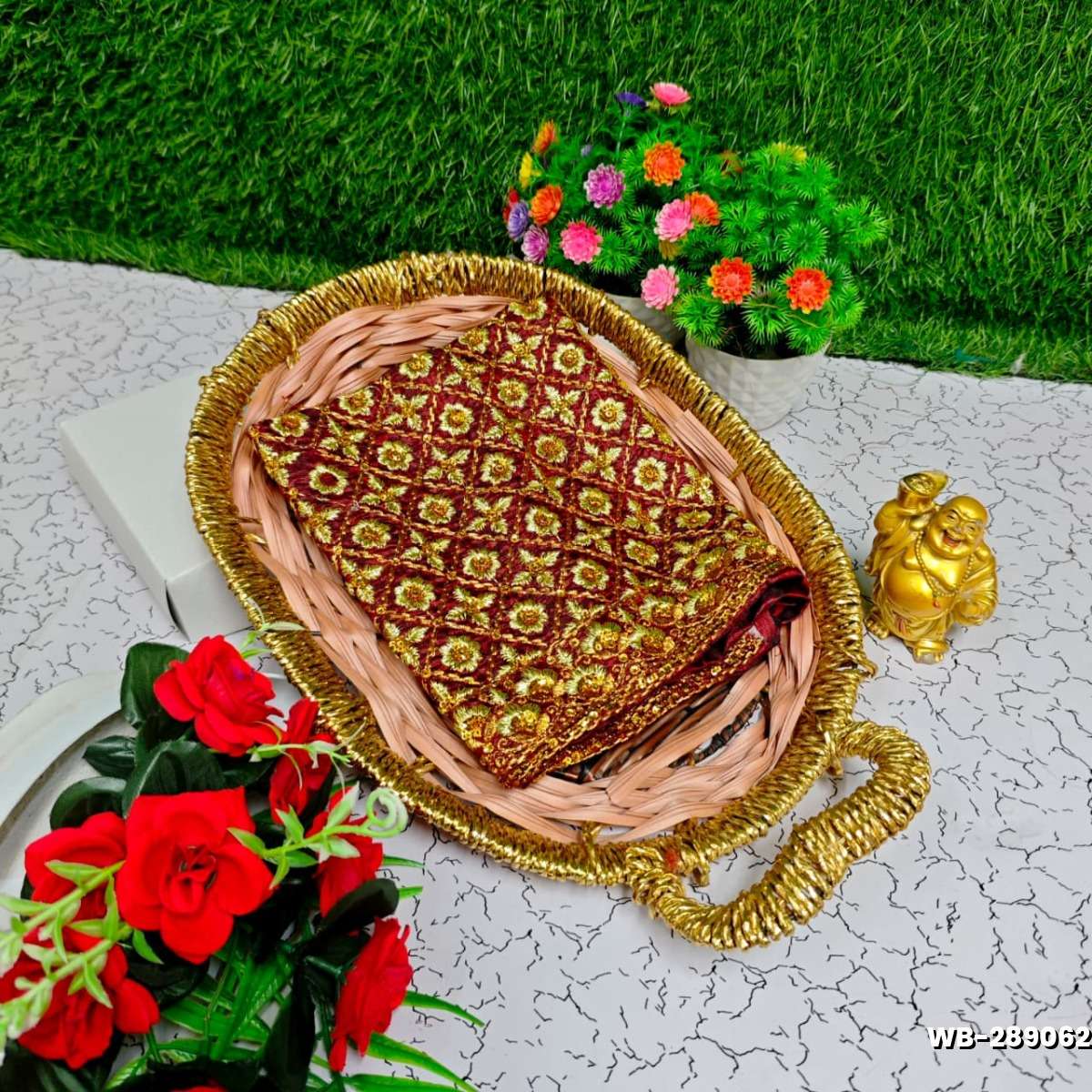 Luxurious heavy work blouse fabric with floral goldwork jaal border - MAROON COLOR (5)