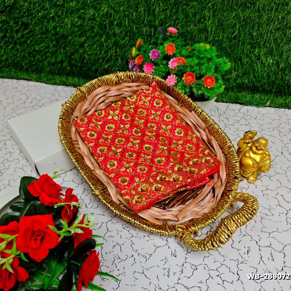 Luxurious heavy work blouse fabric with floral goldwork jaal border - CORAL COLOUR (1)