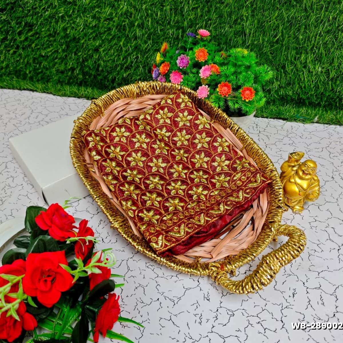 Luxurious heavy work blouse fabric with floral goldwork jaal border - MERUN (12)