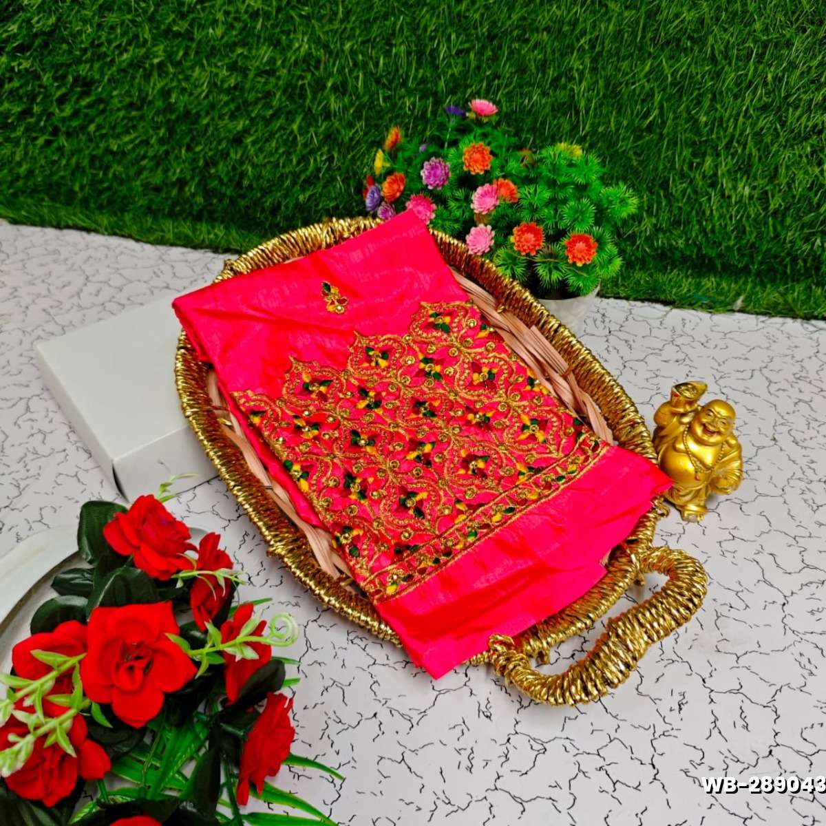 Luxurious heavy work blouse fabric with floral goldwork jaal border - LIGHT PINK (2)