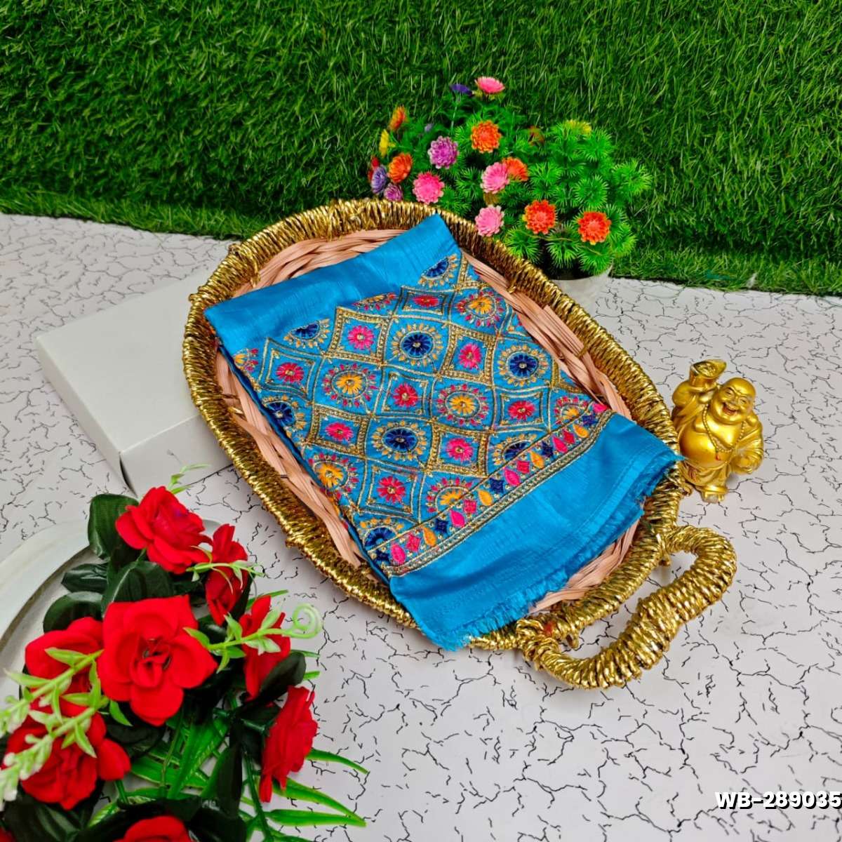 Luxurious heavy work blouse fabric with floral goldwork jaal border - DARK SKY BLUE (2)