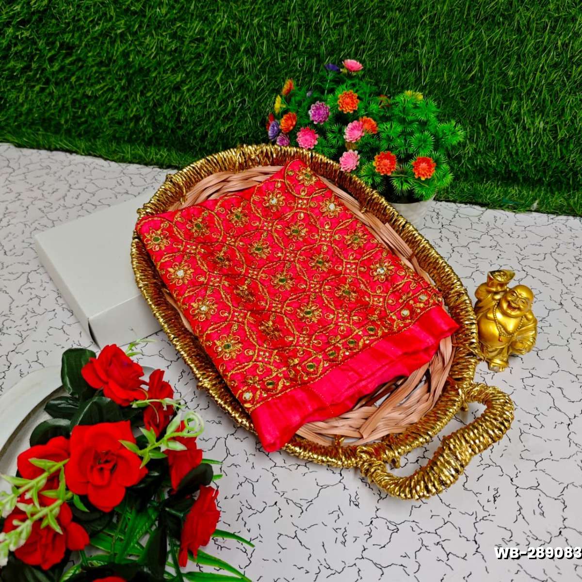 Luxurious heavy work blouse fabric with floral goldwork jaal border - TOMATO COLOUR