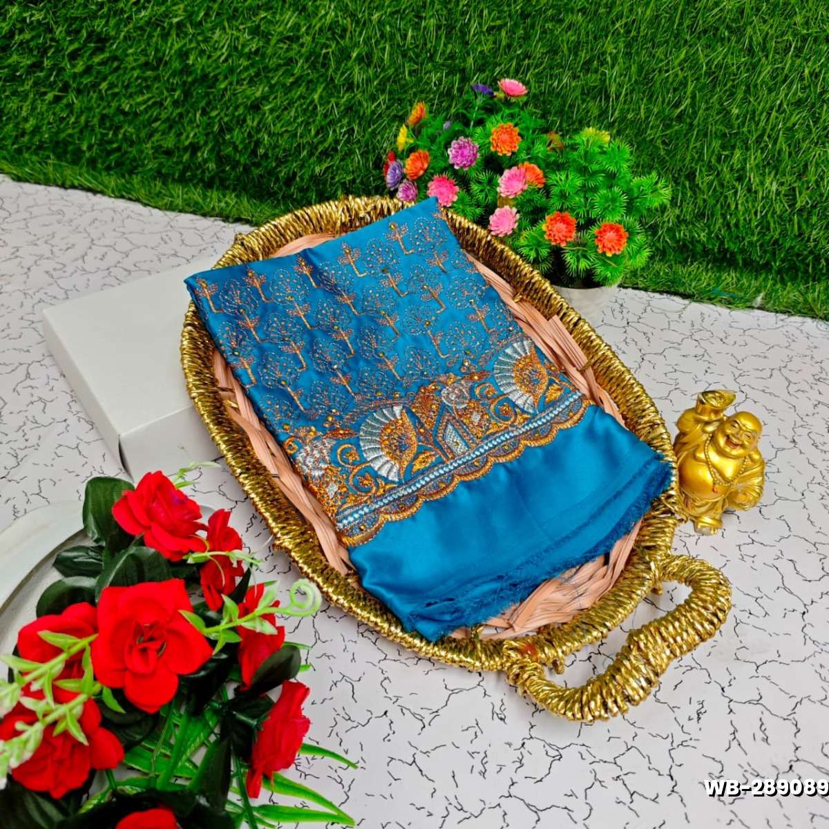 Luxurious heavy work blouse fabric with floral goldwork jaal border - BLUE COLOUR (5)