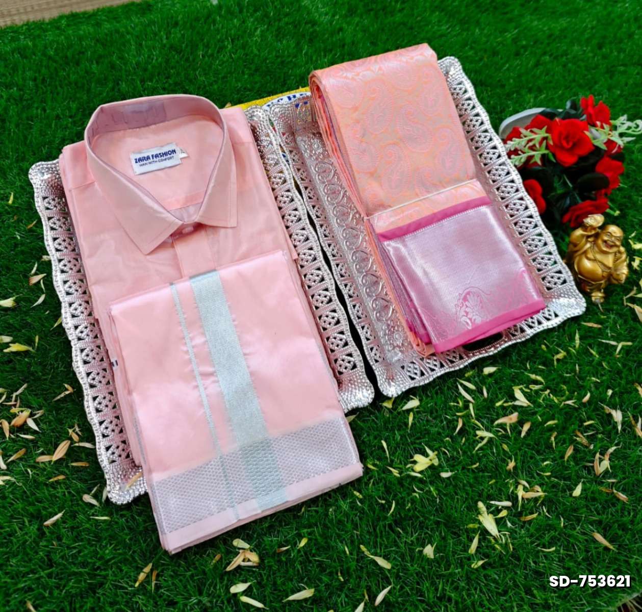 Elegant Silk Dhoti Shirt & Saree Couple Combo coordinated look for special occasions - BABY PINK (3)